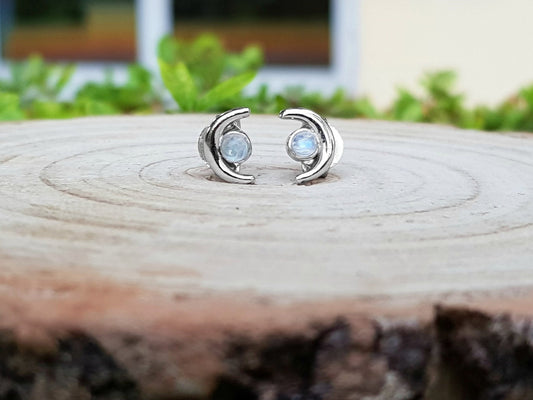 Rainbow Moonstone Stud Birthstone Earrings - LunarGem - Earrings