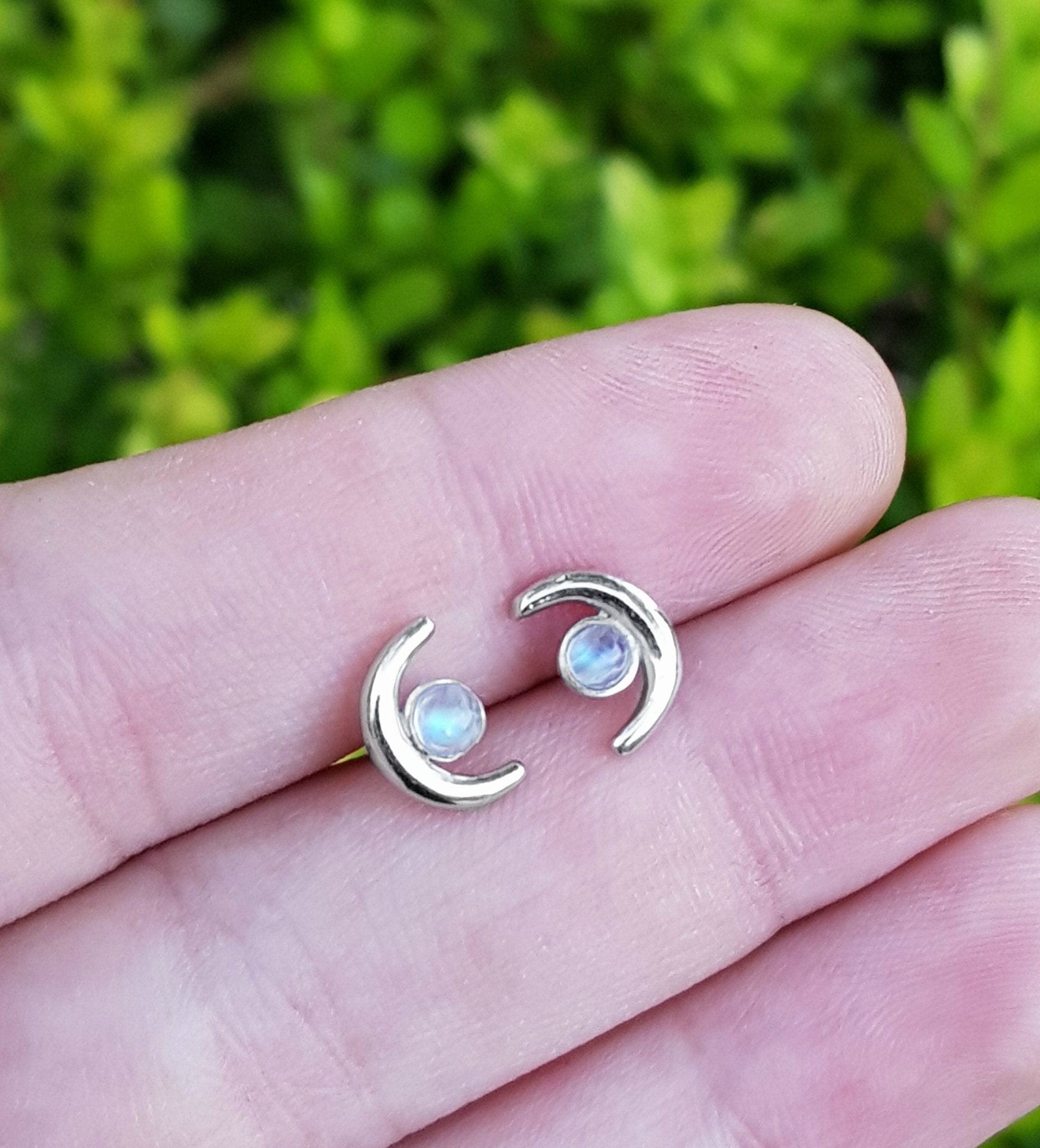 Rainbow Moonstone Stud Birthstone Earrings - LunarGem - Earrings