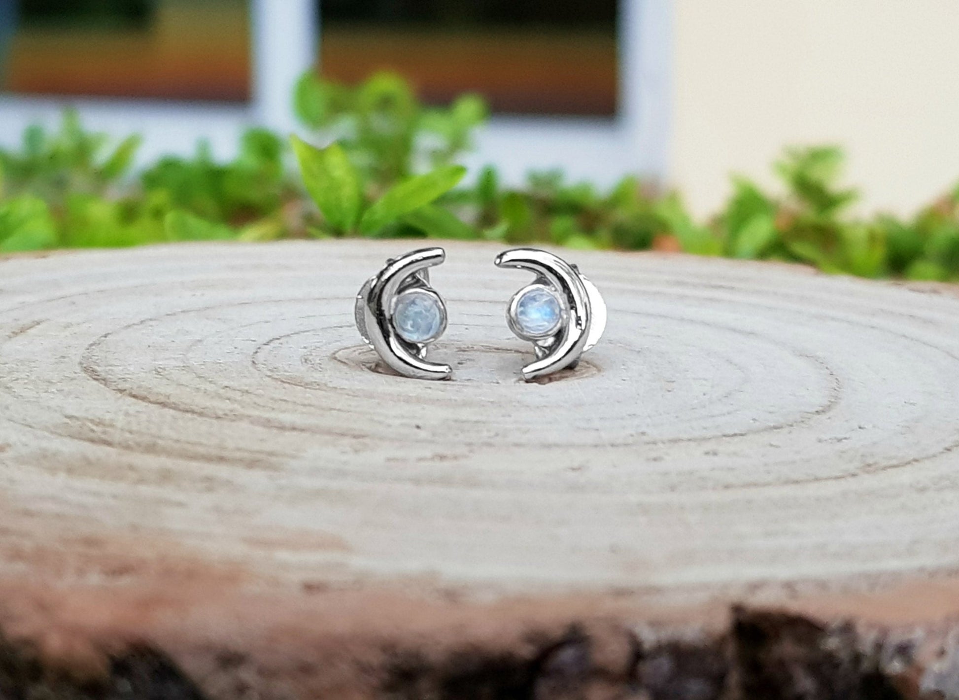 Rainbow Moonstone Stud Birthstone Earrings - LunarGem - Earrings