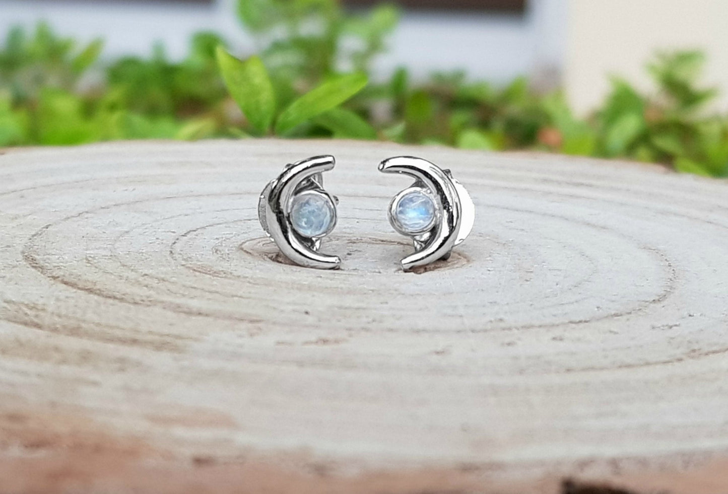 Rainbow Moonstone Stud Birthstone Earrings - LunarGem - Earrings