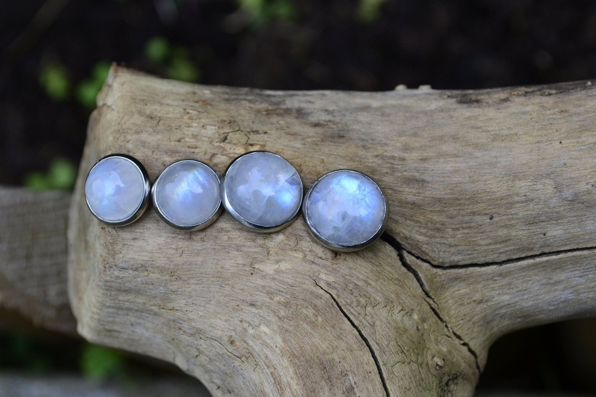 Rainbow Moonstone Stud Earrings Boho Birthstone Earrings Minimal Earrings Surgical Stainless Steel Gemstone Earrings 10mm Studs 12mm Studs - LunarGem - Earrings