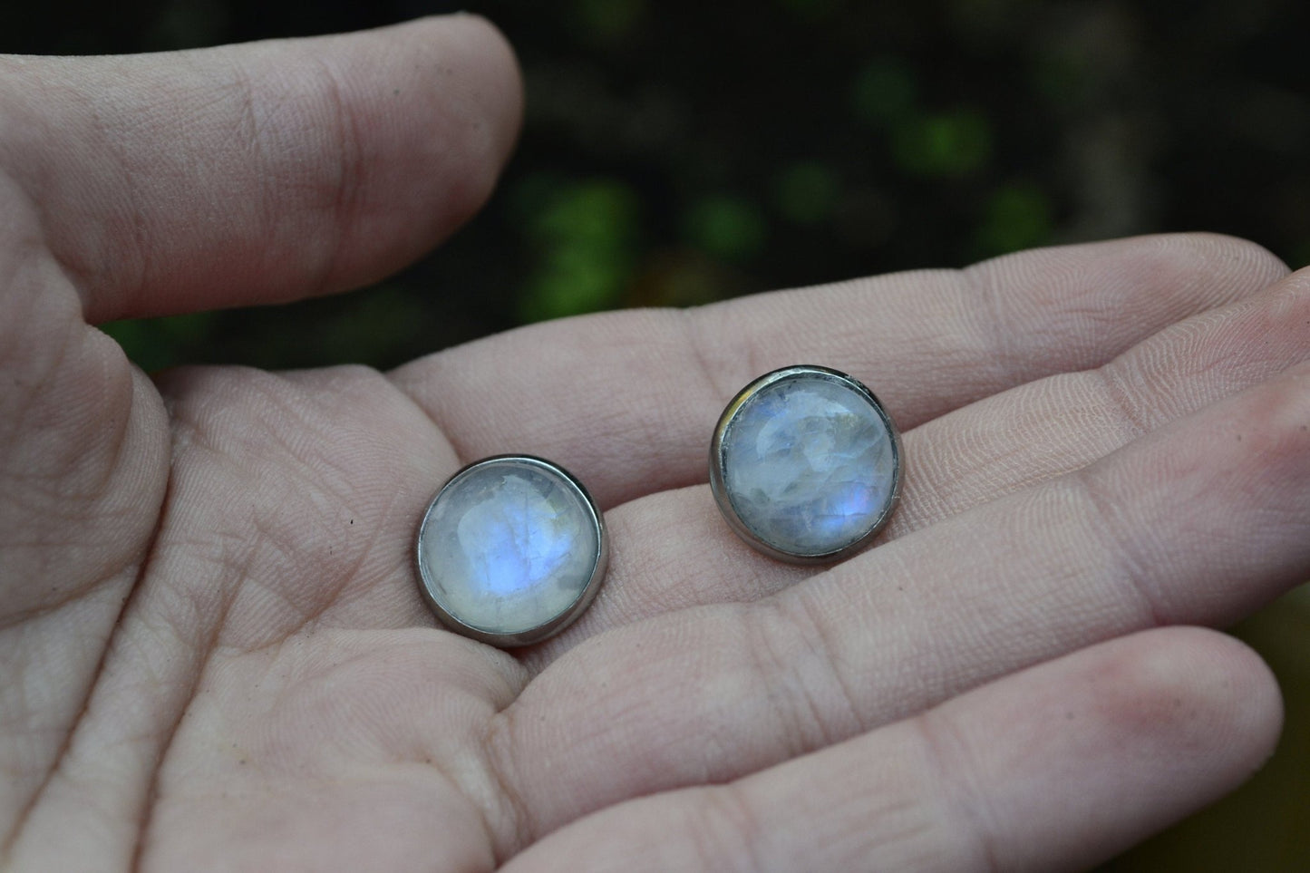 Rainbow Moonstone Stud Earrings Boho Birthstone Earrings Minimal Earrings Surgical Stainless Steel Gemstone Earrings 10mm Studs 12mm Studs - LunarGem - Earrings
