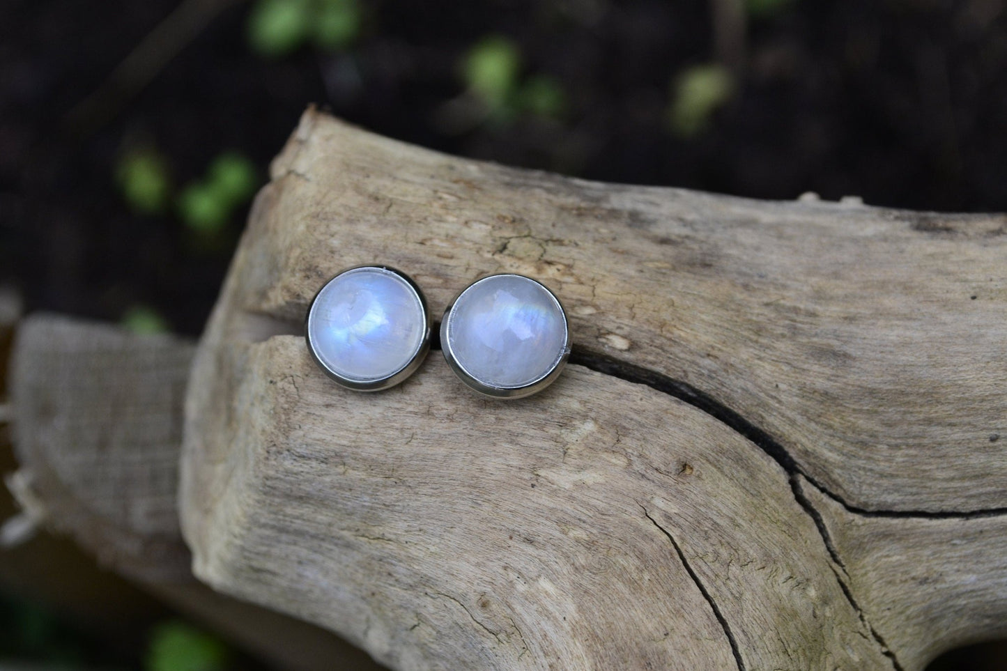 Rainbow Moonstone Stud Earrings Boho Birthstone Earrings Minimal Earrings Surgical Stainless Steel Gemstone Earrings 10mm Studs 12mm Studs - LunarGem - Earrings
