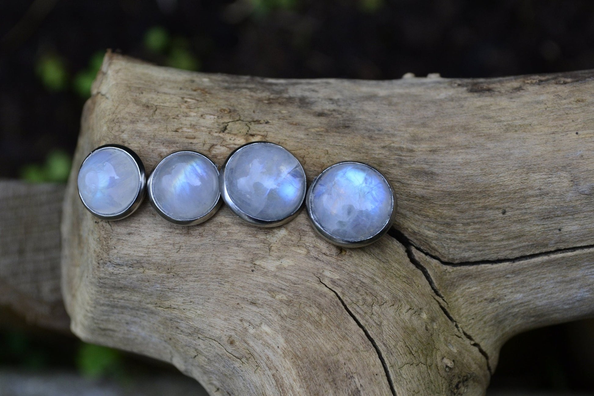 Rainbow Moonstone Stud Earrings Boho Birthstone Earrings Minimal Earrings Surgical Stainless Steel Gemstone Earrings 10mm Studs 12mm Studs - LunarGem - Earrings
