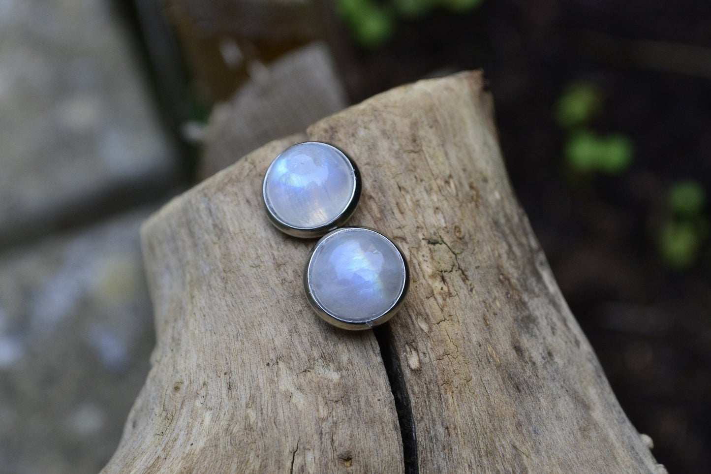 Rainbow Moonstone Stud Earrings Boho Birthstone Earrings Minimal Earrings Surgical Stainless Steel Gemstone Earrings 10mm Studs 12mm Studs - LunarGem - Earrings