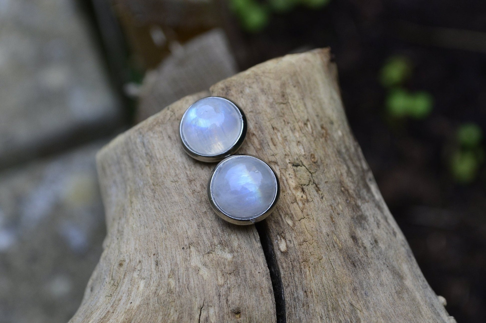 Rainbow Moonstone Stud Earrings Boho Birthstone Earrings Minimal Earrings Surgical Stainless Steel Gemstone Earrings 10mm Studs 12mm Studs - LunarGem - Earrings