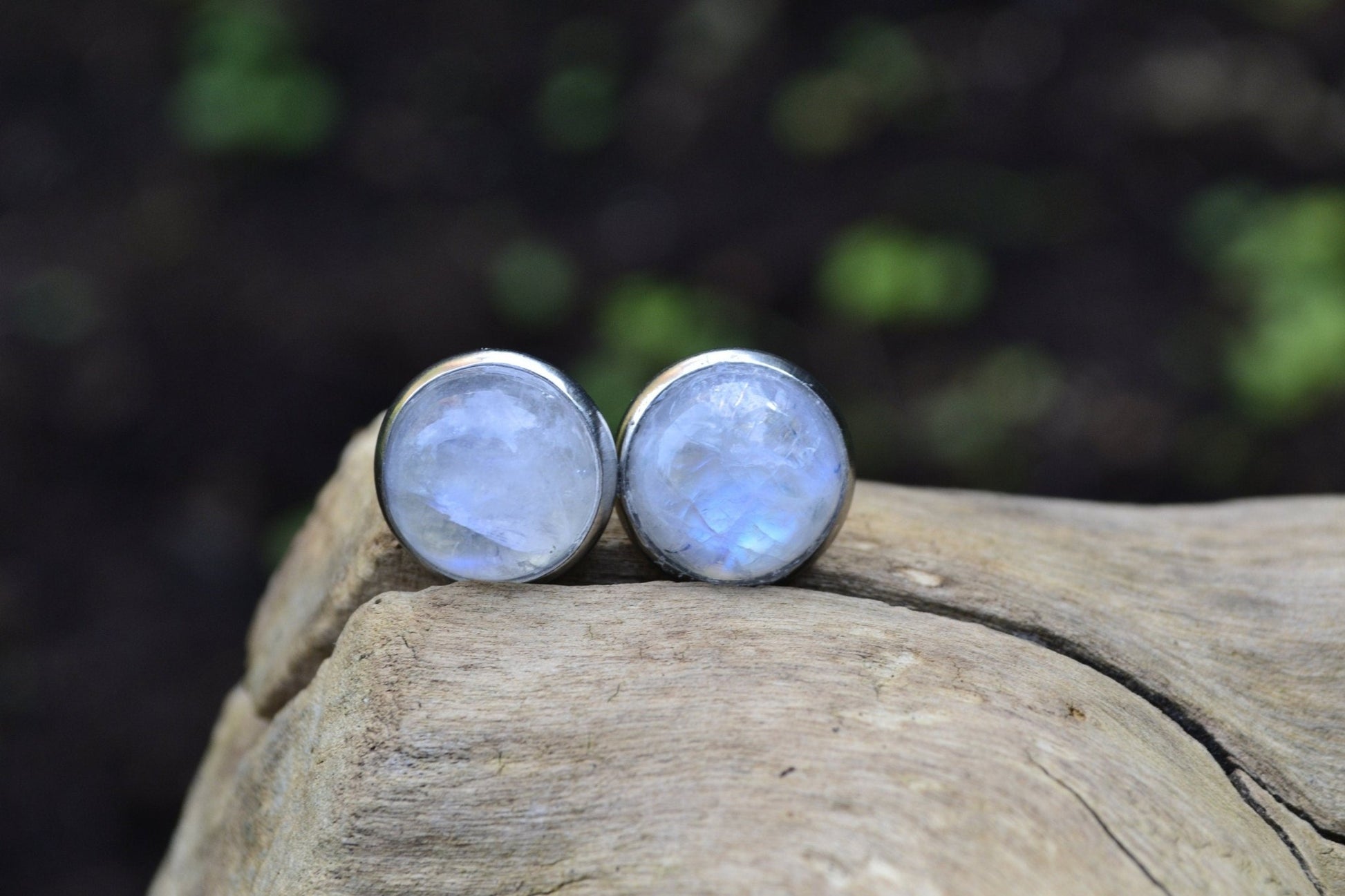Rainbow Moonstone Stud Earrings Boho Birthstone Earrings Minimal Earrings Surgical Stainless Steel Gemstone Earrings 10mm Studs 12mm Studs - LunarGem - Earrings