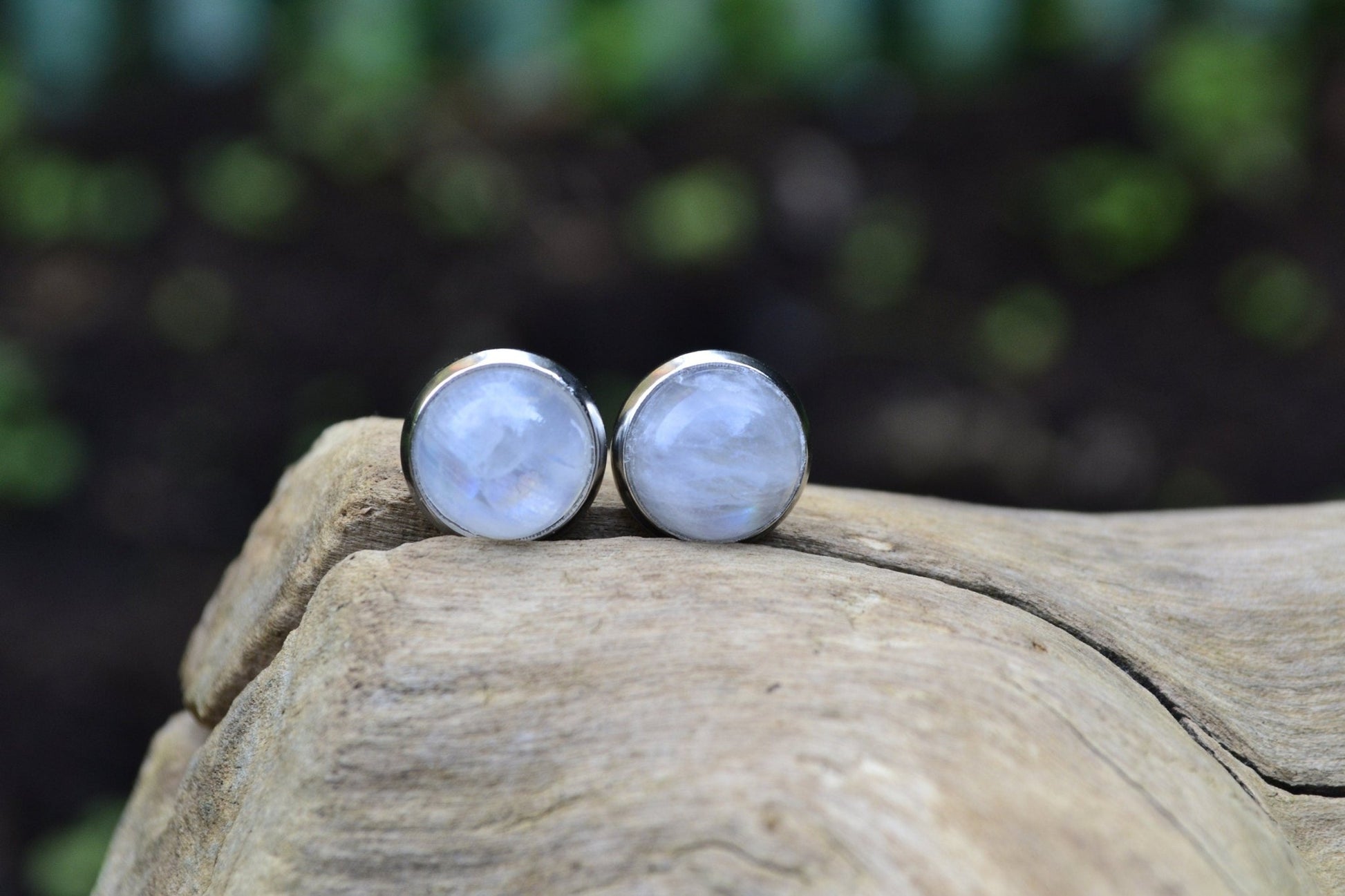 Rainbow Moonstone Stud Earrings Boho Birthstone Earrings Minimal Earrings Surgical Stainless Steel Gemstone Earrings 10mm Studs 12mm Studs - LunarGem - Earrings