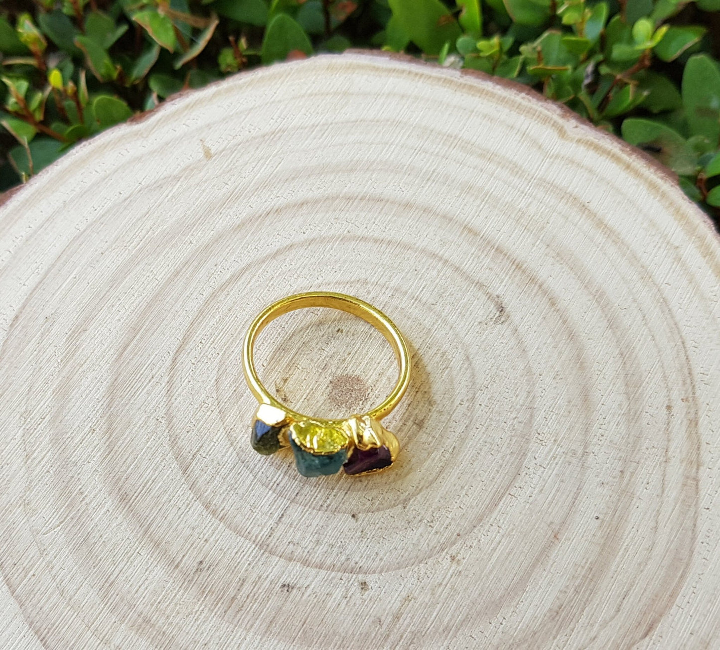 Raw Aquamarine Peridot Amethyst Ring Size US 6 1/2 Electroformed Gold Plated Ring Stackable Ring - LunarGem - Rings
