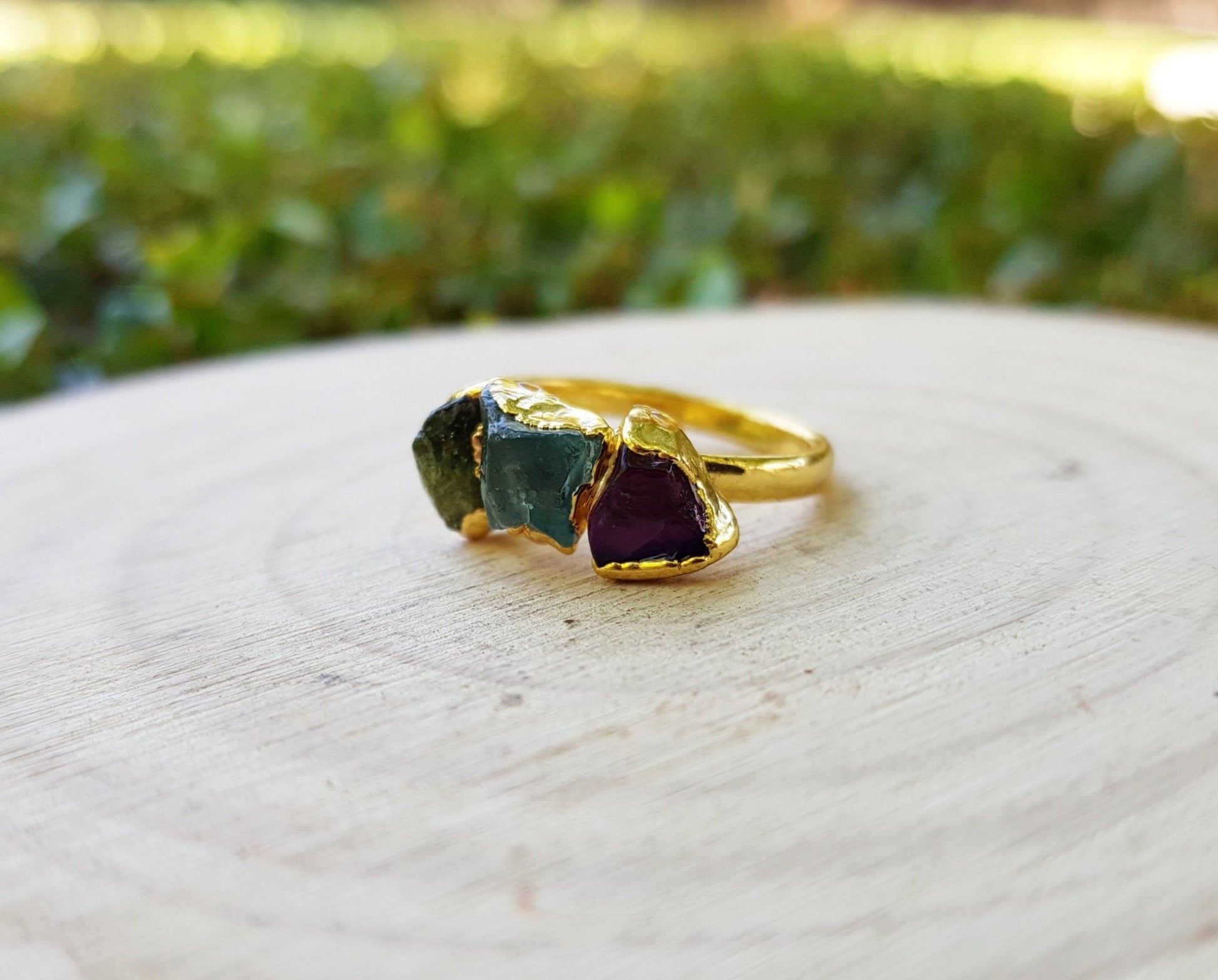 Raw Aquamarine Peridot Amethyst Ring Size US 6 1/2 Electroformed Gold Plated Ring Stackable Ring - LunarGem - Rings