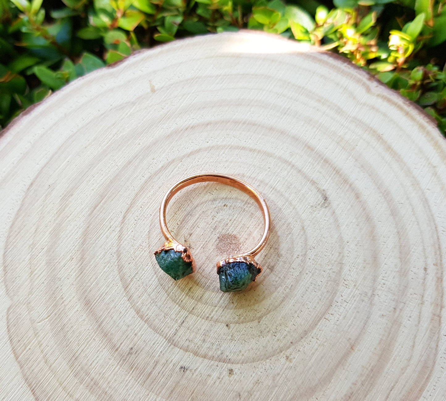Raw Green Tourmaline Ring US 7 1/4 Stackable Multi Stone Ring Electroformed Copper Ring - LunarGem - Rings