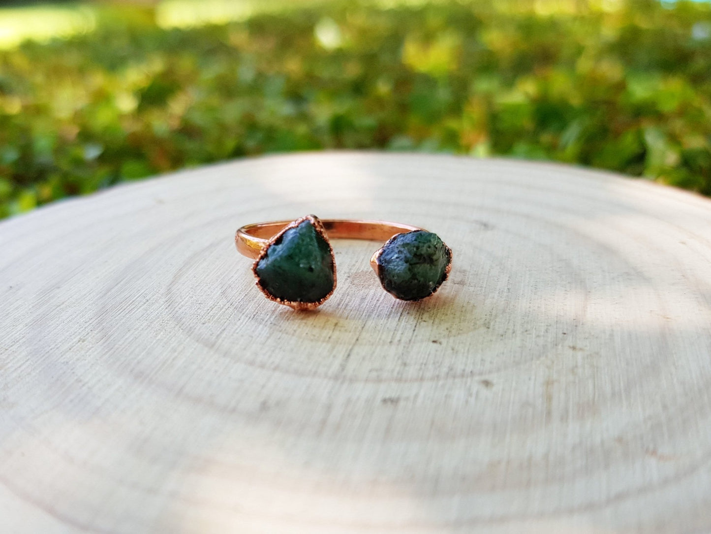 Raw Green Tourmaline Ring US 7 1/4 Stackable Multi Stone Ring Electroformed Copper Ring - LunarGem - Rings