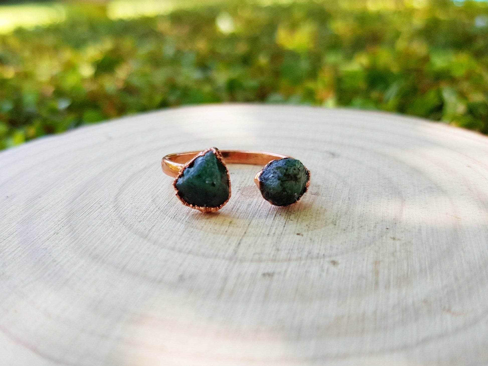 Raw Green Tourmaline Ring US 7 1/4 Stackable Multi Stone Ring Electroformed Copper Ring - LunarGem - Rings