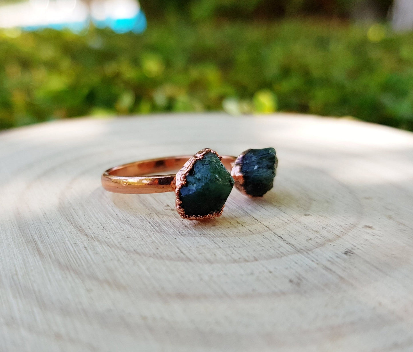 Raw Green Tourmaline Ring US 7 1/4 Stackable Multi Stone Ring Electroformed Copper Ring - LunarGem - Rings