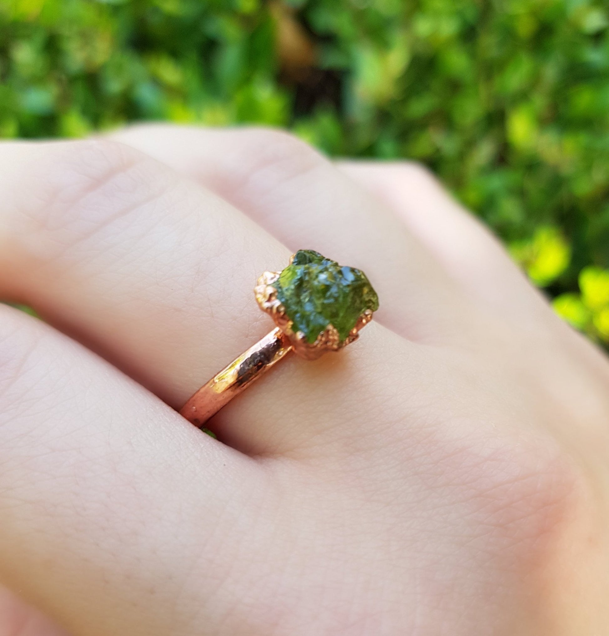 Raw Peridot Electroformed Copper Ring Size US 6 1/4 Statement Ring One Of A Kind Ring - LunarGem - Rings