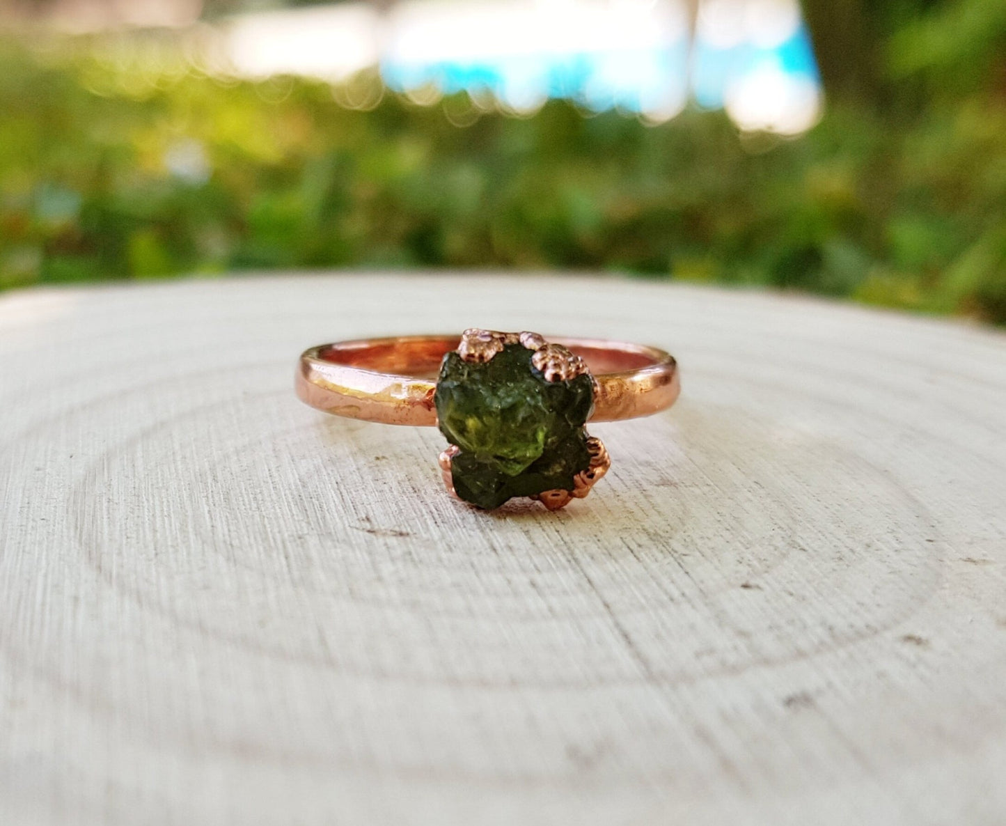 Raw Peridot Electroformed Copper Ring Size US 6 1/4 Statement Ring One Of A Kind Ring - LunarGem - Rings