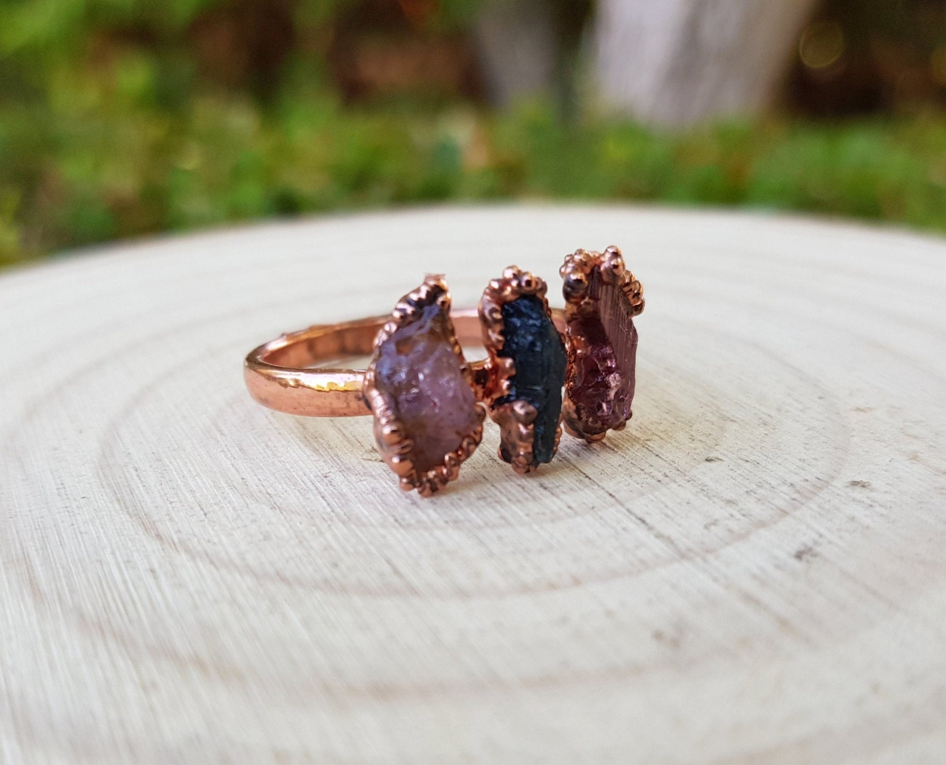 Raw Tourmaline Electroformed Copper Ring Multi Stone Stackable Ring Size US 8 1/4 Multi Stone Stacking Rings One Of A Kind Ring Crystal Ring - LunarGem - Rings