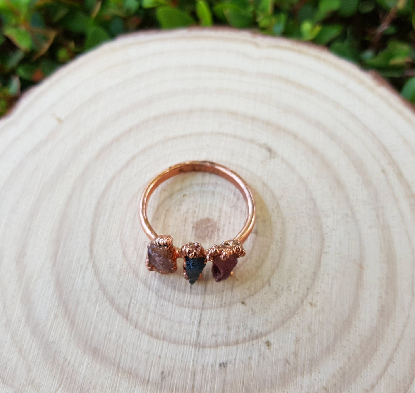 Raw Tourmaline Electroformed Copper Ring Multi Stone Stackable Ring Size US 8 1/4 Multi Stone Stacking Rings One Of A Kind Ring Crystal Ring - LunarGem - Rings