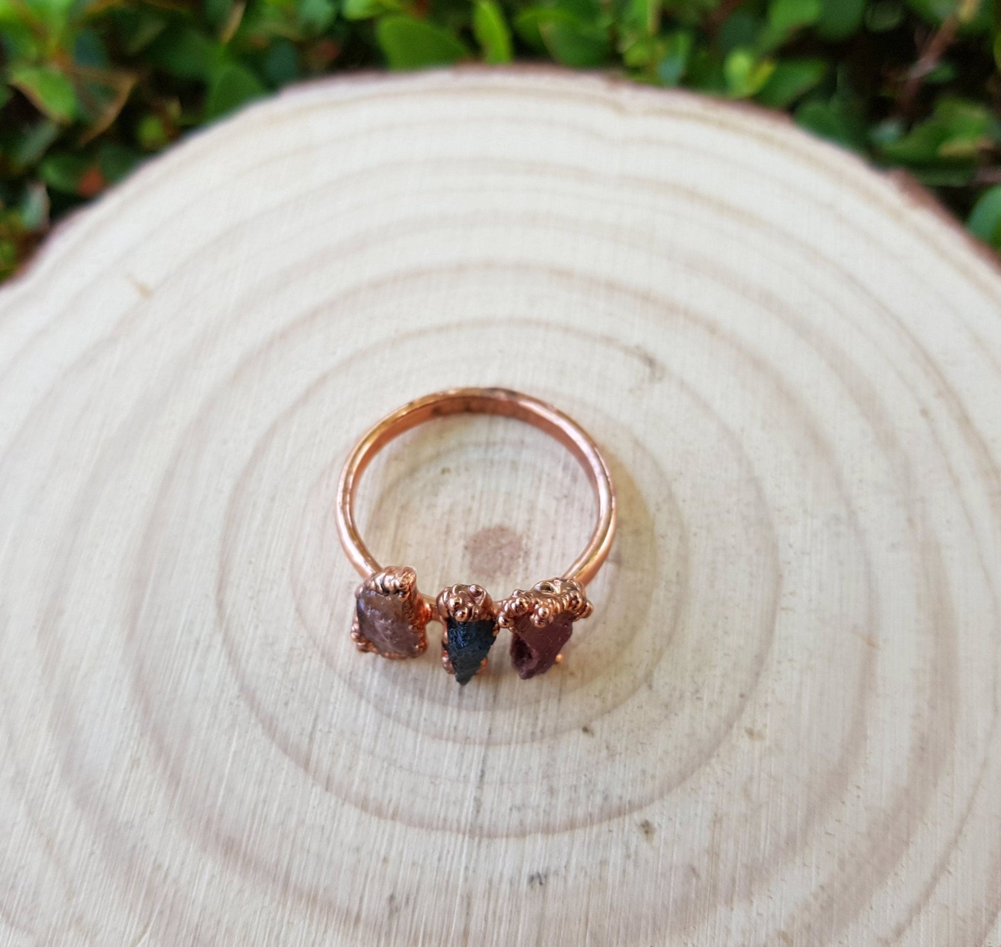Raw Tourmaline Electroformed Copper Ring Multi Stone Stackable Ring Size US 8 1/4 Multi Stone Stacking Rings One Of A Kind Ring Crystal Ring - LunarGem - Rings