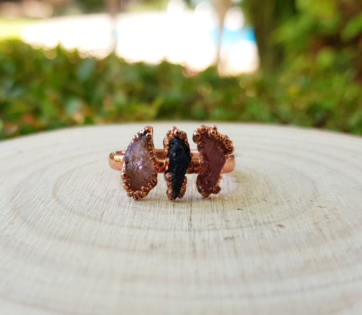 Raw Tourmaline Electroformed Copper Ring Multi Stone Stackable Ring Size US 8 1/4 Multi Stone Stacking Rings One Of A Kind Ring Crystal Ring - LunarGem - Rings