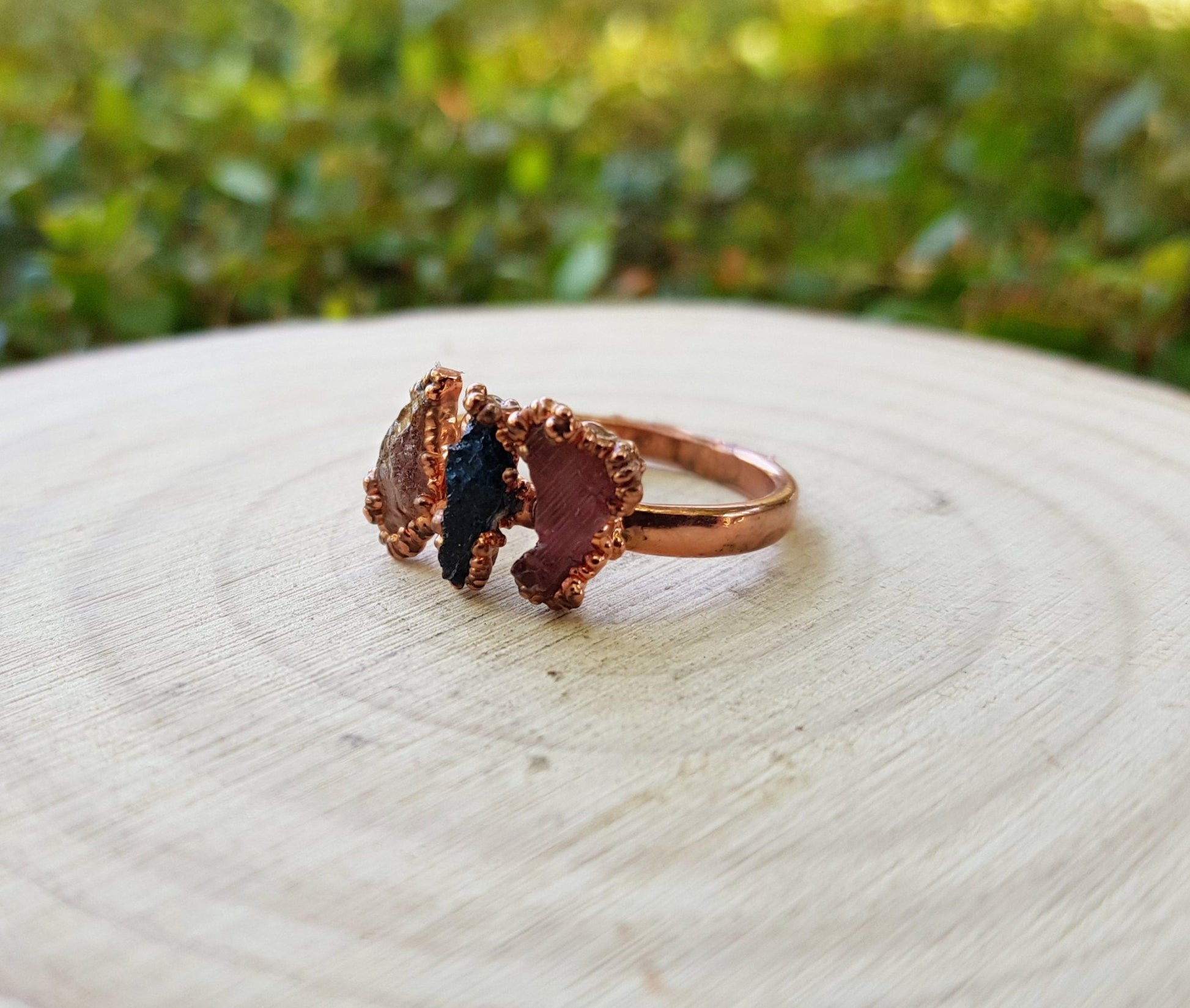 Raw Tourmaline Electroformed Copper Ring Multi Stone Stackable Ring Size US 8 1/4 Multi Stone Stacking Rings One Of A Kind Ring Crystal Ring - LunarGem - Rings
