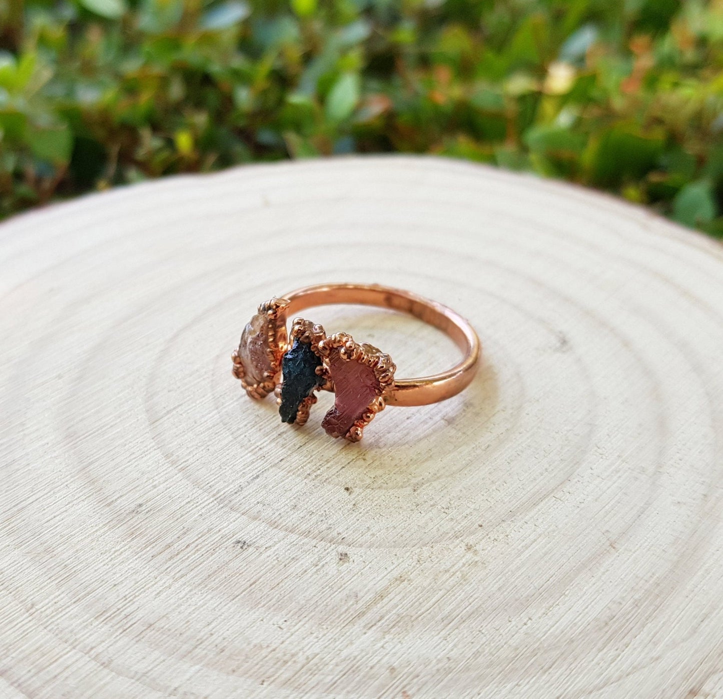 Raw Tourmaline Electroformed Copper Ring Multi Stone Stackable Ring Size US 8 1/4 Multi Stone Stacking Rings One Of A Kind Ring Crystal Ring - LunarGem - Rings