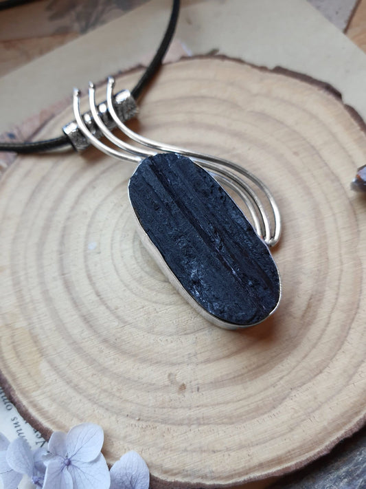 Raw Tourmaline Necklace In Sterling Silver Boho Crystal Necklace Statement Pendant Unique Jewellery One Of A Kind Gift - LunarGem - 