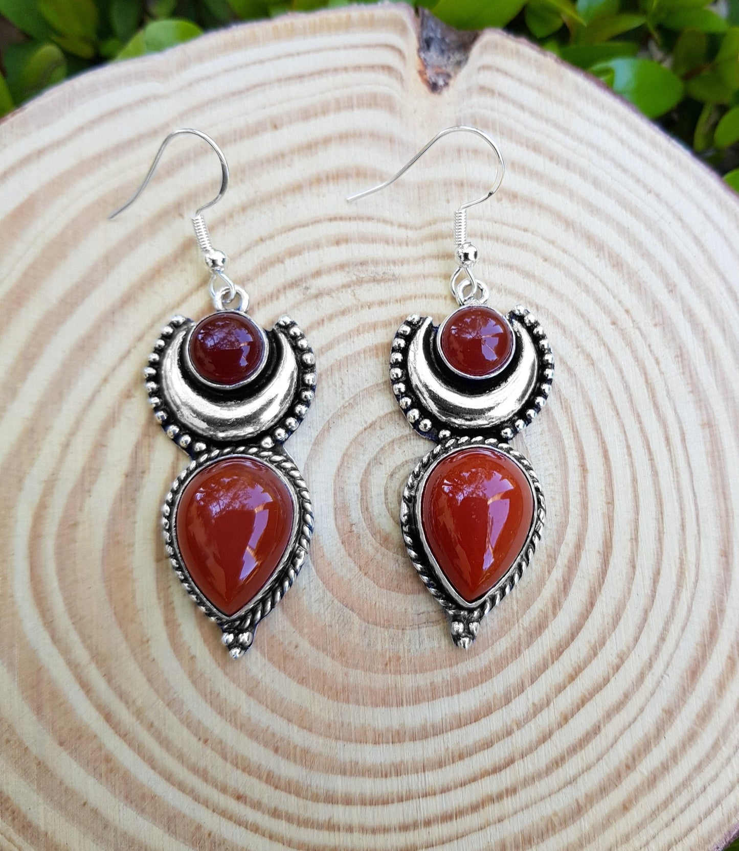 Red Carnelian Earrings Sterling Silver Statement Earrings Boho Ethnic Jewellery Long Dangle Earrings Unique Gift - LunarGem - 
