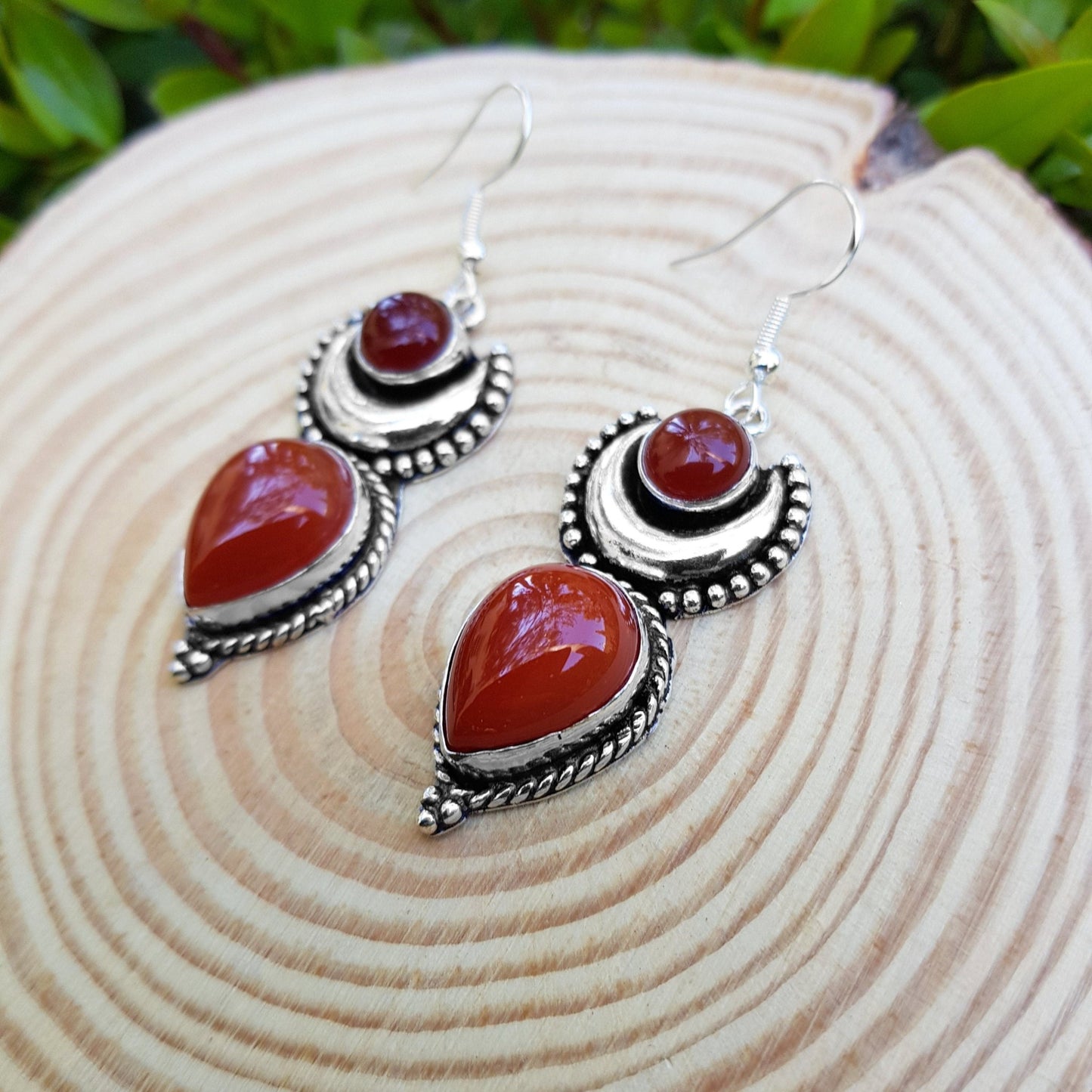 Red Carnelian Earrings Sterling Silver Statement Earrings Boho Ethnic Jewellery Long Dangle Earrings Unique Gift - LunarGem - 