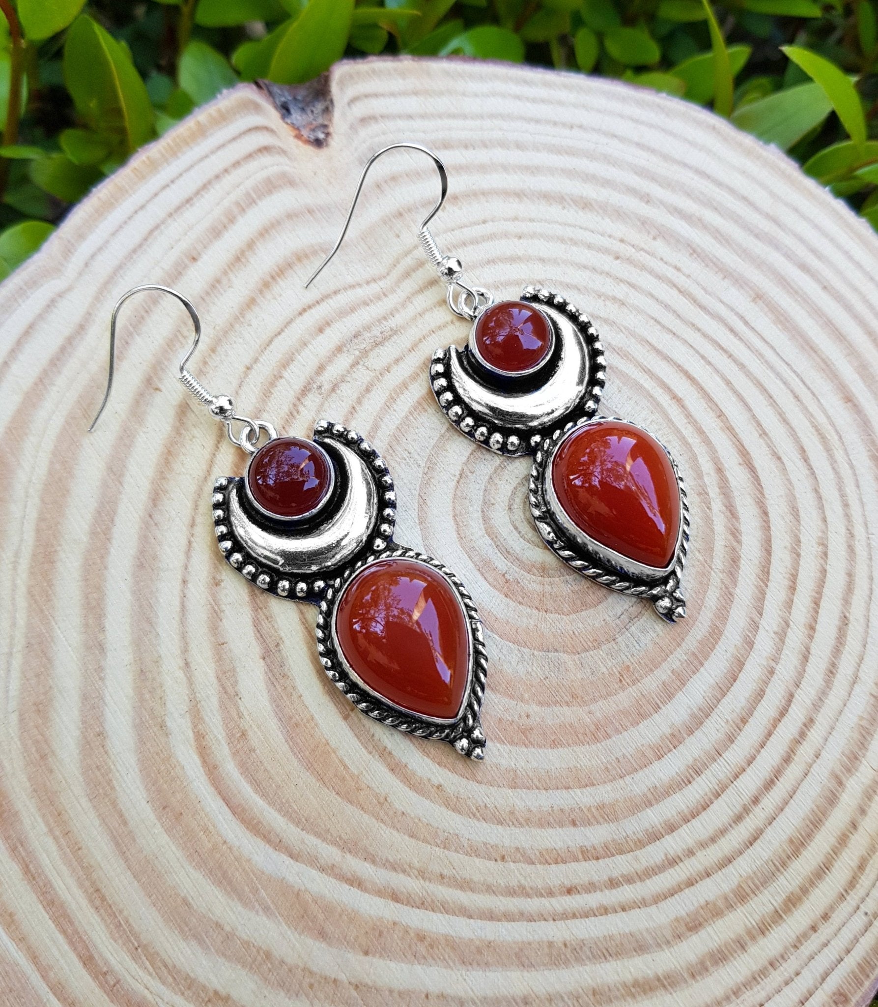 Red Carnelian Earrings Sterling Silver Statement Earrings Boho Ethnic Jewellery Long Dangle Earrings Unique Gift - LunarGem - 