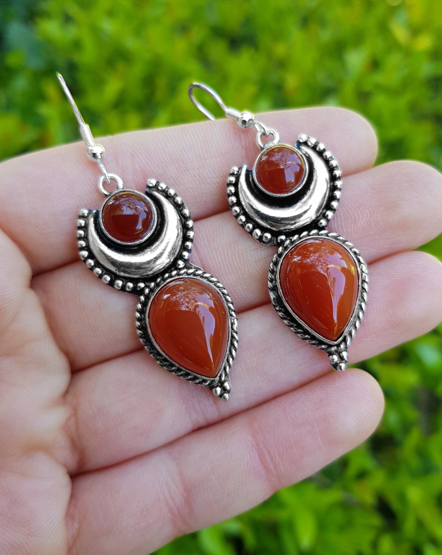 Red Carnelian Earrings Sterling Silver Statement Earrings Boho Ethnic Jewellery Long Dangle Earrings Unique Gift - LunarGem - 