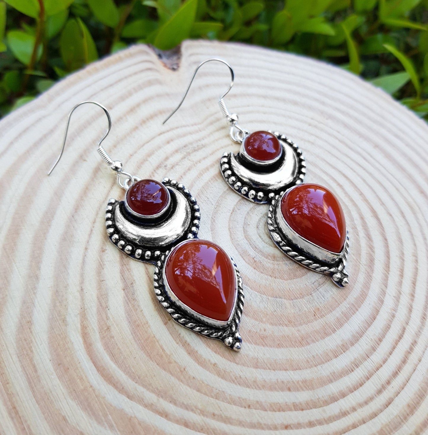 Red Carnelian Earrings Sterling Silver Statement Earrings Boho Ethnic Jewellery Long Dangle Earrings Unique Gift - LunarGem - 