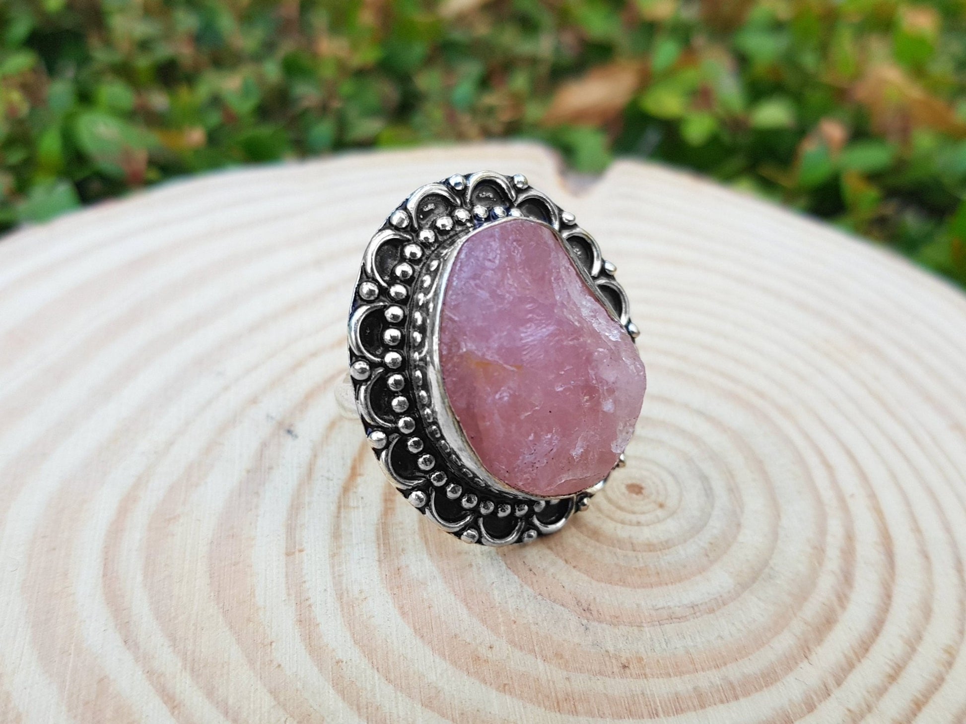 Rough Pink Rose Quartz Gemstone Ring In Sterling Silver Size US 6 1/2 Big Statement Ring - LunarGem - 