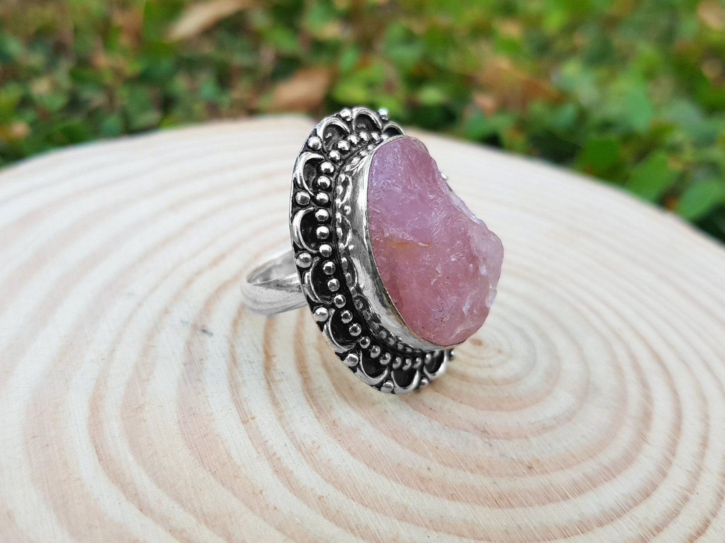 Rough Pink Rose Quartz Gemstone Ring In Sterling Silver Size US 6 1/2 Big Statement Ring - LunarGem - 