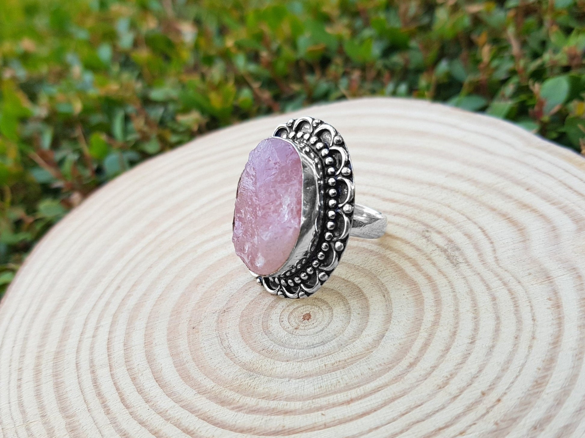 Rough Pink Rose Quartz Gemstone Ring In Sterling Silver Size US 6 1/2 Big Statement Ring - LunarGem - 