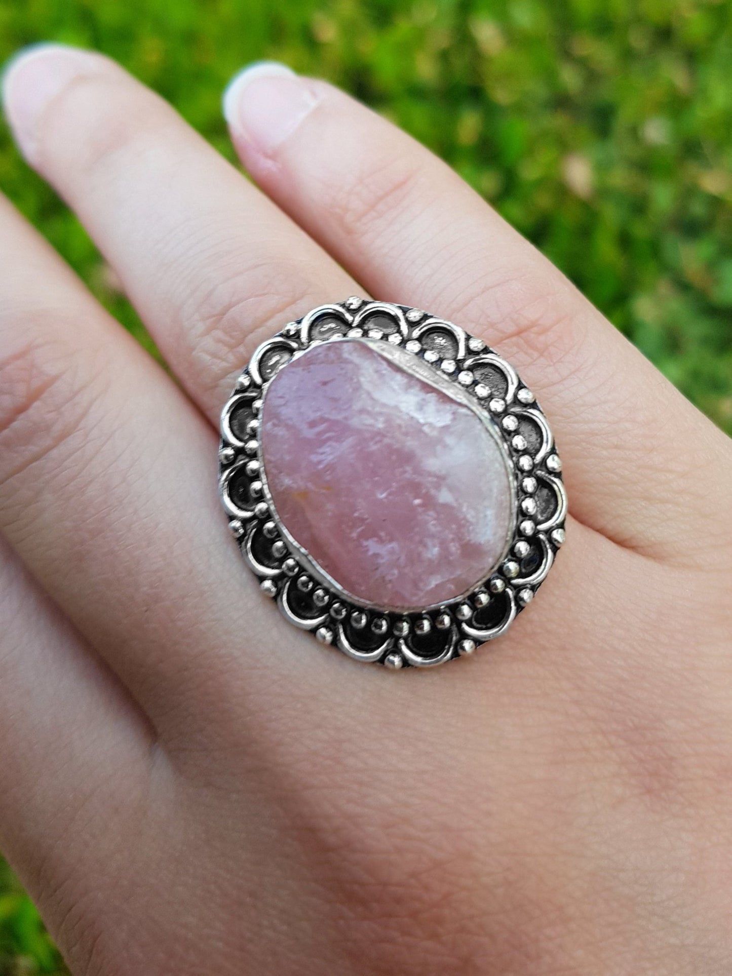 Rough Pink Rose Quartz Gemstone Ring In Sterling Silver Size US 6 1/2 Big Statement Ring - LunarGem - 