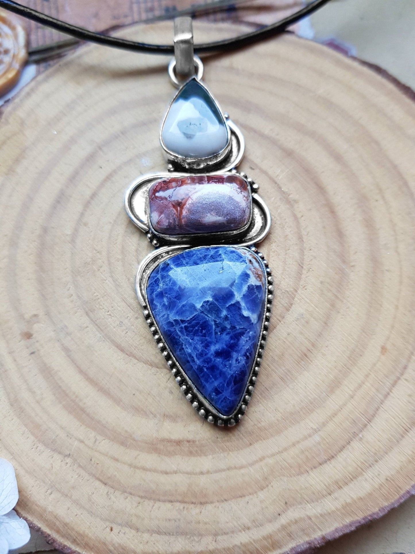 Sodalite Multi Stone Pendant In Sterling Silver Boho Crystal Necklace Unique Gift For Women GypsyJewelry - LunarGem - 