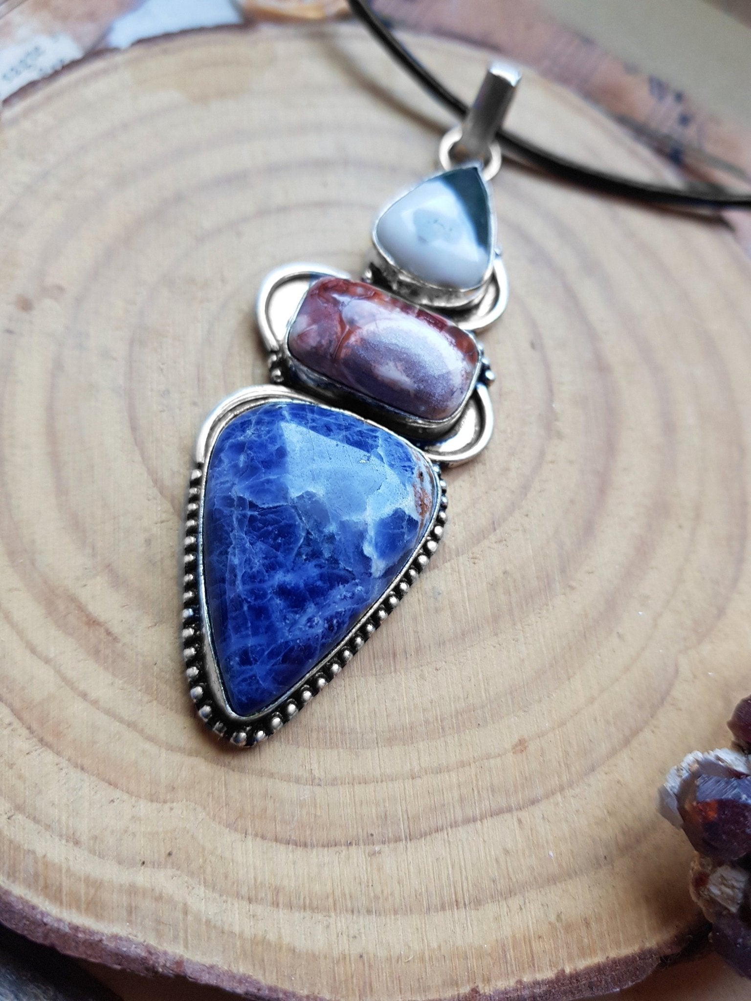 Sodalite Multi Stone Pendant In Sterling Silver Boho Crystal Necklace Unique Gift For Women GypsyJewelry - LunarGem - 